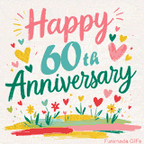 Vibrant animated greeting with pastel hearts and playful flowers under a bright 'Happy 60th Anniversary' message.