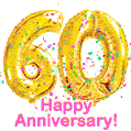 Happy Anniversary! Gold Number 60 Balloons and Confetti GIF.