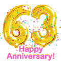 Happy Anniversary! Gold Number 63 Balloons and Confetti GIF.