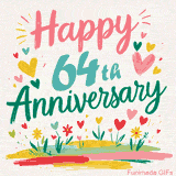 Vibrant animated greeting with pastel hearts and playful flowers under a bright 'Happy 64th Anniversary' message.