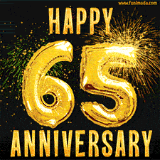 Bright golden balloons shaped like '65' with dazzling fireworks and 'Happy Anniversary' text shining on a black background.