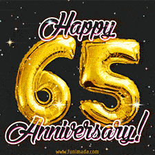 65' in golden balloon numbers and 'Happy Anniversary!' written in bold cursive, set on a shimmering starry black background.