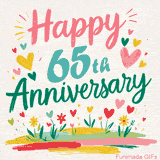 Vibrant animated greeting with pastel hearts and playful flowers under a bright 'Happy 65th Anniversary' message.