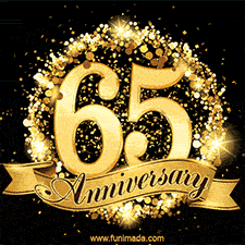 Shimmering '65 Anniversary' in gold, encased in a radiant confetti circle with a golden ribbon accent at the bottom.