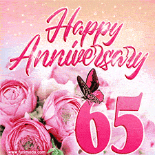 Pink peonies and butterfly adorn a 'Happy Anniversary 65' design, creating a warm and loving vibe for this milestone celebration.