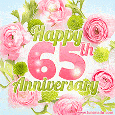 A gorgeous floral-themed 'Happy 65th Anniversary' with pink roses and green blossoms, surrounded by soft pastel accents, bringing elegance and joy.