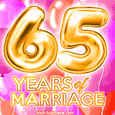 Bright '65 Years of Marriage' in shiny Bright letters, surrounded by colorful balloons on a cheerful and celebratory pink background.
