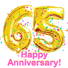 Sparkling gold balloons forming the number 65 with a burst of multicolored confetti and vibrant pink 'Happy Anniversary' text.