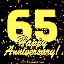 Large yellow '65' surrounded by shimmering gold stars and the celebratory message 'Happy Anniversary!' below in cursive.