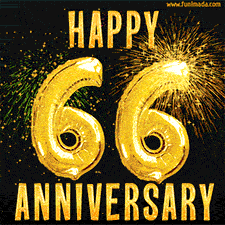 Bright golden balloons shaped like '66' with dazzling fireworks and 'Happy Anniversary' text shining on a black background.