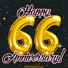 66' in golden balloon numbers and 'Happy Anniversary!' written in bold cursive, set on a shimmering starry black background.