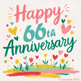 Vibrant animated greeting with pastel hearts and playful flowers under a bright 'Happy 66th Anniversary' message.
