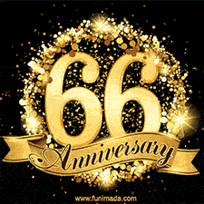 Shimmering '66 Anniversary' in gold, encased in a radiant confetti circle with a golden ribbon accent at the bottom.