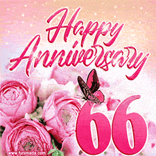 Pink peonies and butterfly adorn a 'Happy Anniversary 66' design, creating a warm and loving vibe for this milestone celebration.