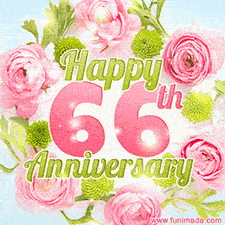 A gorgeous floral-themed 'Happy 66th Anniversary' with pink roses and green blossoms, surrounded by soft pastel accents, bringing elegance and joy.