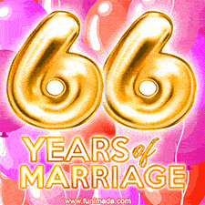 Bright '66 Years of Marriage' in shiny Bright letters, surrounded by colorful balloons on a cheerful and celebratory pink background.