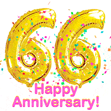 Sparkling gold balloons forming the number 66 with a burst of multicolored confetti and vibrant pink 'Happy Anniversary' text.