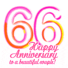 Stylish pink and yellow neon numbers '66' glowing brightly with a heartfelt 'Happy Anniversary to a beautiful couple!' written in pink cursive text.
