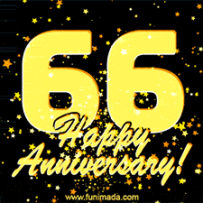 Large yellow '66' surrounded by shimmering gold stars and the celebratory message 'Happy Anniversary!' below in cursive.