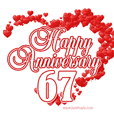 A heart-shaped design made of red hearts surrounds the elegant text 'Happy Anniversary' with the bold number '67' below.