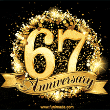 Shimmering '67 Anniversary' in gold, encased in a radiant confetti circle with a golden ribbon accent at the bottom.