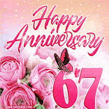 Pink peonies and butterfly adorn a 'Happy Anniversary 67' design, creating a warm and loving vibe for this milestone celebration.