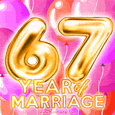 Bright '67 Years of Marriage' in shiny Bright letters, surrounded by colorful balloons on a cheerful and celebratory pink background.