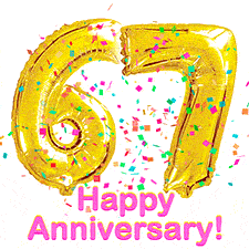Sparkling gold balloons forming the number 67 with a burst of multicolored confetti and vibrant pink 'Happy Anniversary' text.