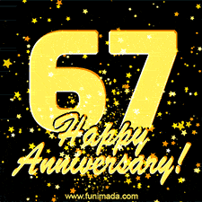 Large yellow '67' surrounded by shimmering gold stars and the celebratory message 'Happy Anniversary!' below in cursive.