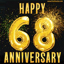 Bright golden balloons shaped like '68' with dazzling fireworks and 'Happy Anniversary' text shining on a black background.