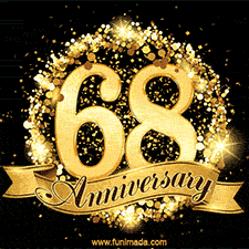 Shimmering '68 Anniversary' in gold, encased in a radiant confetti circle with a golden ribbon accent at the bottom.