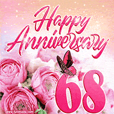Pink peonies and butterfly adorn a 'Happy Anniversary 68' design, creating a warm and loving vibe for this milestone celebration.