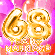 Bright '68 Years of Marriage' in shiny Bright letters, surrounded by colorful balloons on a cheerful and celebratory pink background.