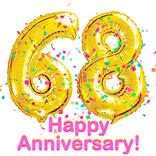 Sparkling gold balloons forming the number 68 with a burst of multicolored confetti and vibrant pink 'Happy Anniversary' text.