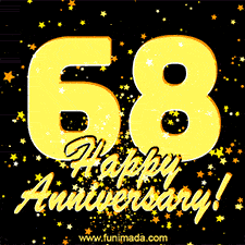 Large yellow '68' surrounded by shimmering gold stars and the celebratory message 'Happy Anniversary!' below in cursive.