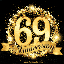 Shimmering '69 Anniversary' in gold, encased in a radiant confetti circle with a golden ribbon accent at the bottom.
