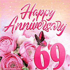 Pink peonies and butterfly adorn a 'Happy Anniversary 69' design, creating a warm and loving vibe for this milestone celebration.