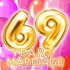 Bright '69 Years of Marriage' in shiny Bright letters, surrounded by colorful balloons on a cheerful and celebratory pink background.