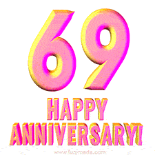 Sophisticated pink and gold '69 Happy Anniversary' text in a polished 3D look, crafted to highlight a significant milestone.