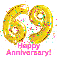 Sparkling gold balloons forming the number 69 with a burst of multicolored confetti and vibrant pink 'Happy Anniversary' text.
