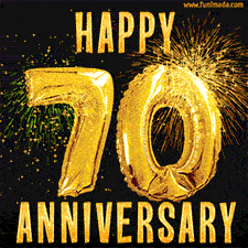 Bright golden balloons shaped like '70' with dazzling fireworks and 'Happy Anniversary' text shining on a black background.