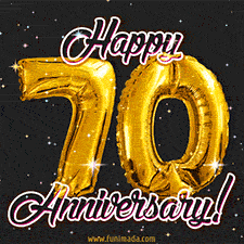 70' in golden balloon numbers and 'Happy Anniversary!' written in bold cursive, set on a shimmering starry black background.