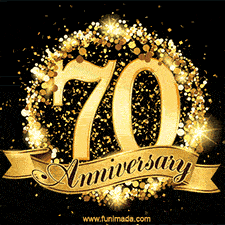 Shimmering '70 Anniversary' in gold, encased in a radiant confetti circle with a golden ribbon accent at the bottom.