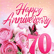 Pink peonies and butterfly adorn a 'Happy Anniversary 70' design, creating a warm and loving vibe for this milestone celebration.