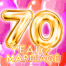 Bright '70 Years of Marriage' in shiny Bright letters, surrounded by colorful balloons on a cheerful and celebratory pink background.