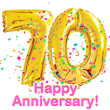 Sparkling gold balloons forming the number 70 with a burst of multicolored confetti and vibrant pink 'Happy Anniversary' text.