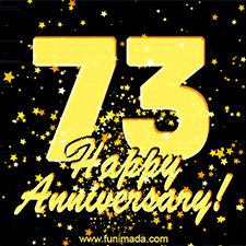 Large yellow '73' surrounded by shimmering gold stars and the celebratory message 'Happy Anniversary!' below in cursive.