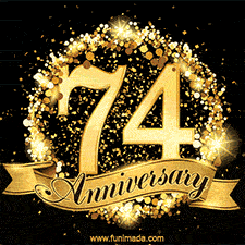 Shimmering '74 Anniversary' in gold, encased in a radiant confetti circle with a golden ribbon accent at the bottom.