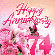 Pink peonies and butterfly adorn a 'Happy Anniversary 74' design, creating a warm and loving vibe for this milestone celebration.