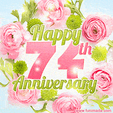 A gorgeous floral-themed 'Happy 74th Anniversary' with pink roses and green blossoms, surrounded by soft pastel accents, bringing elegance and joy.